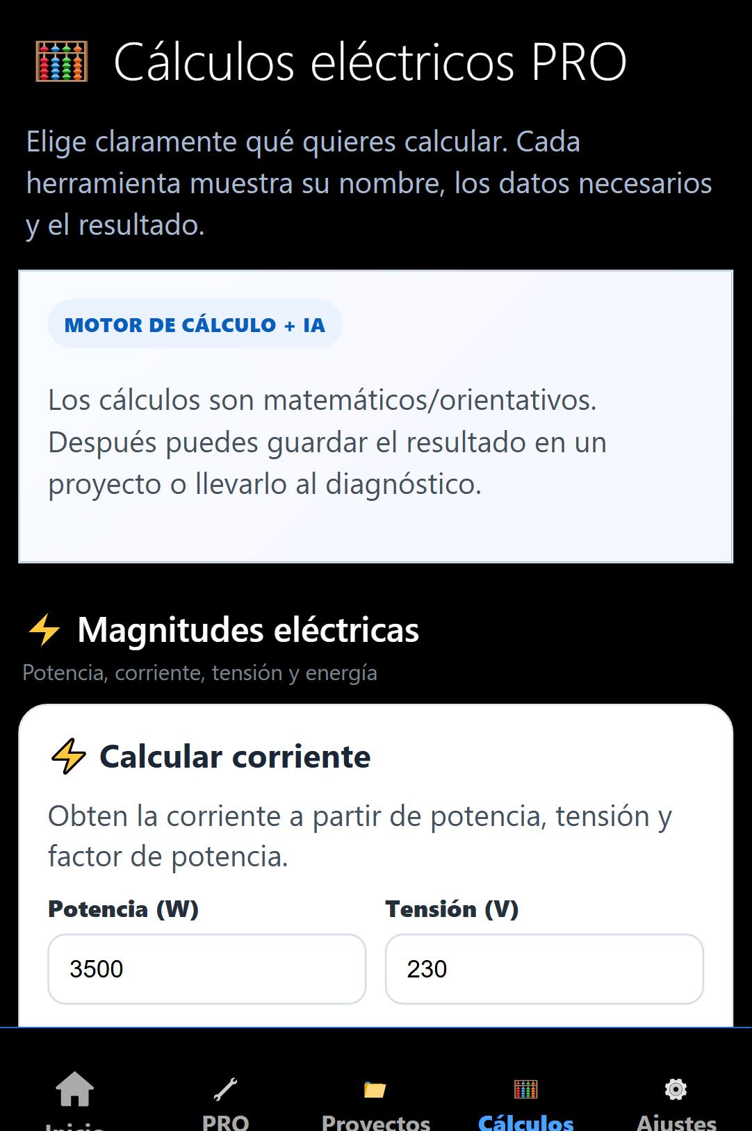 Pantalla de cálculos eléctricos PRO con la calculadora de corriente