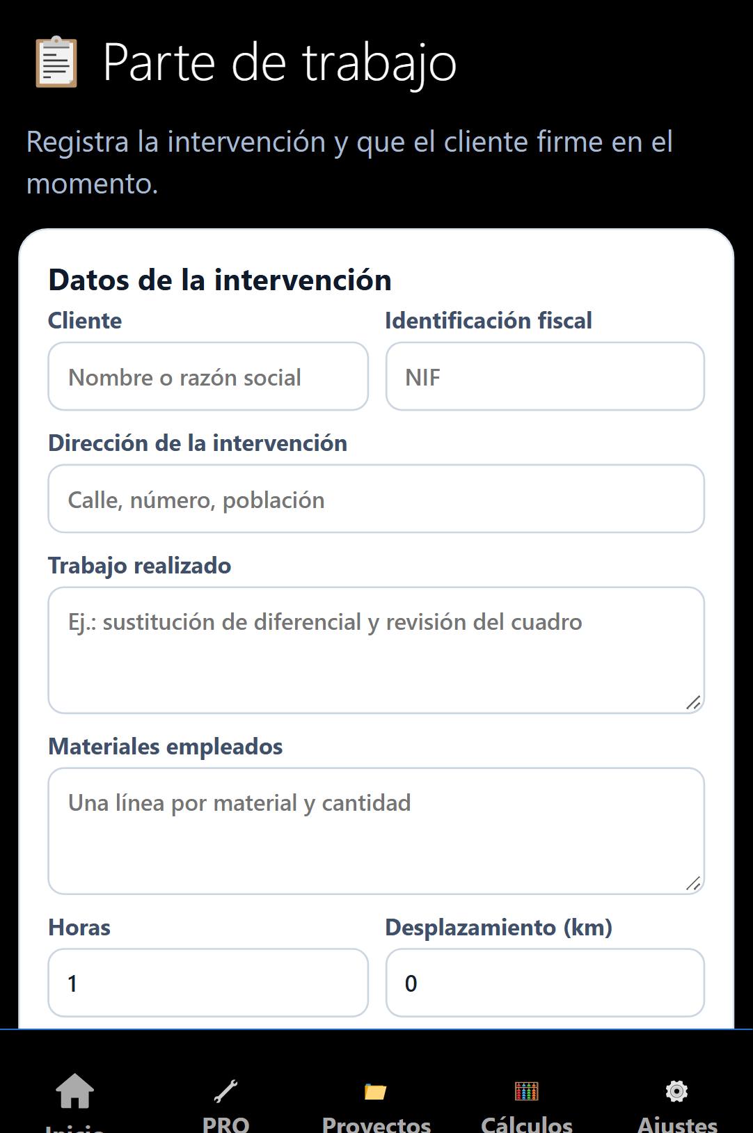 Formulario de parte de trabajo con datos de la intervención