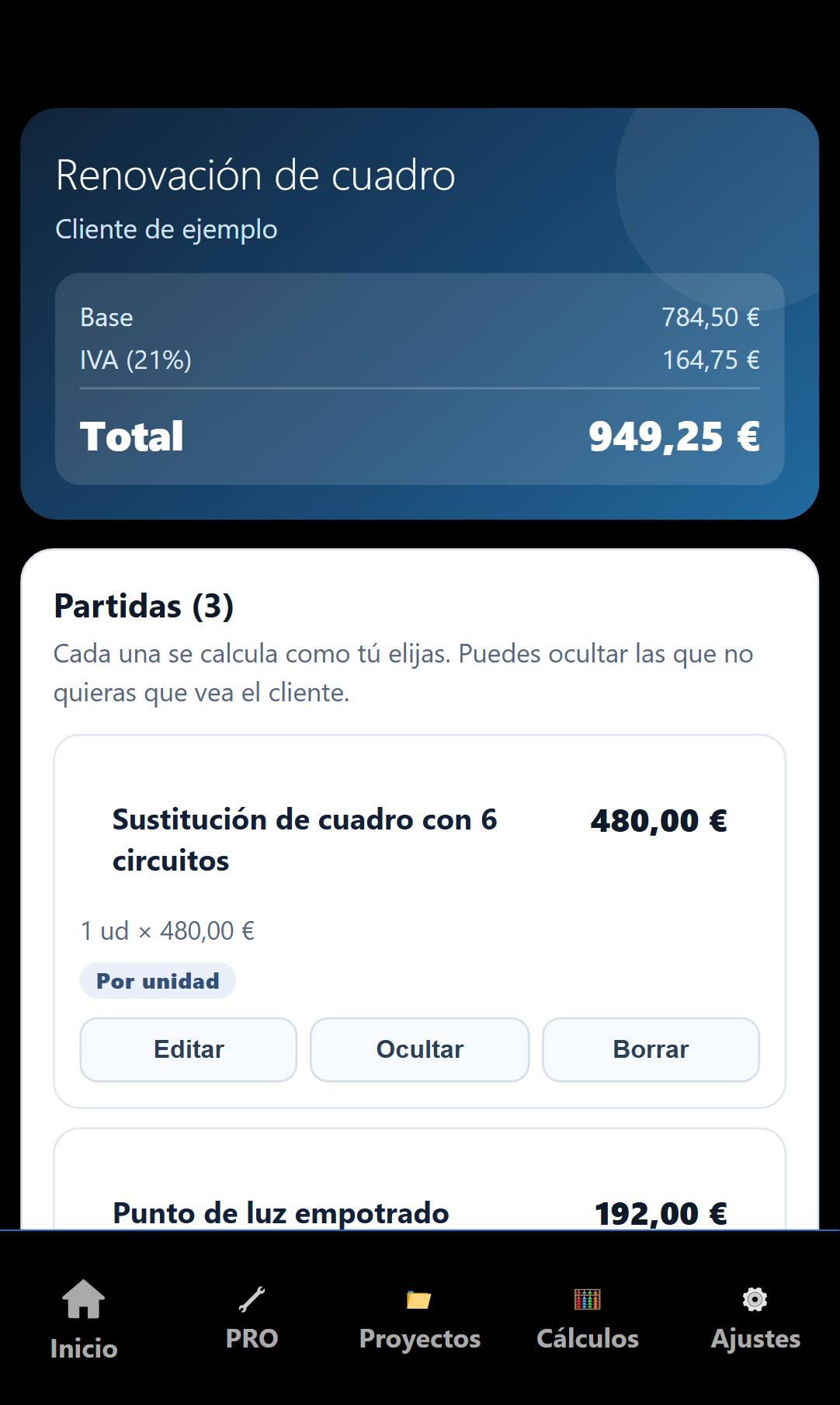Presupuesto de ejemplo con tres partidas, base, IVA y total